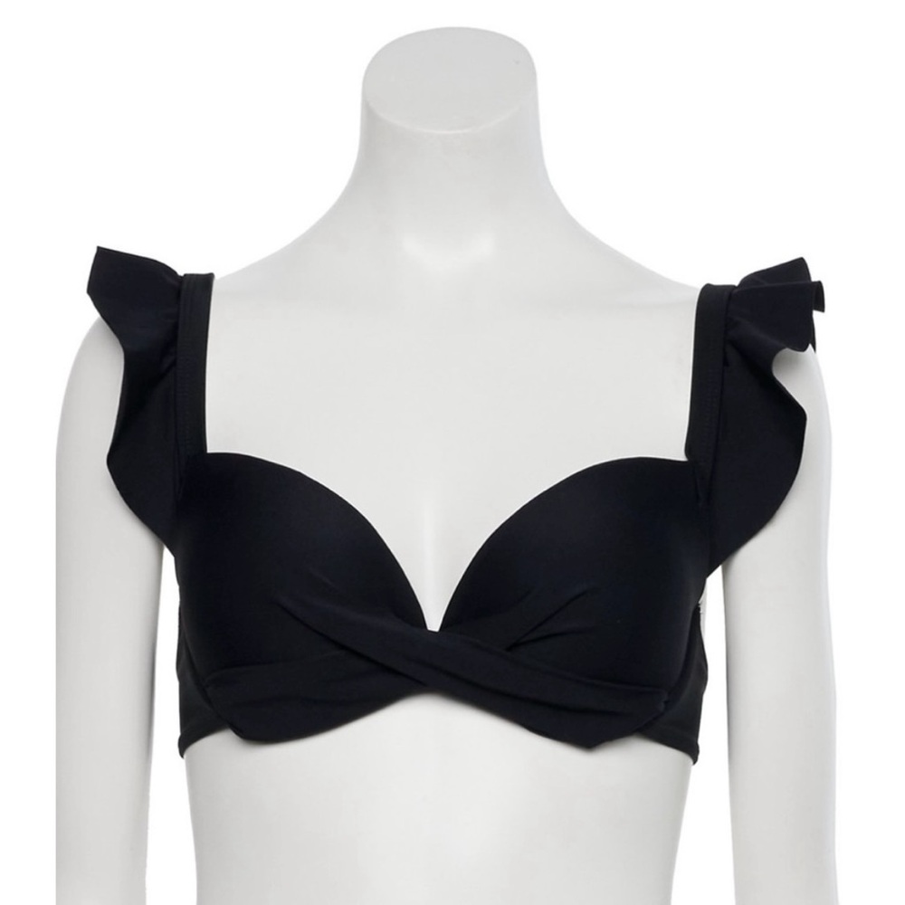 NWT Nicole Miller Twist-Front Ruffle Bikini Top SZ L Black